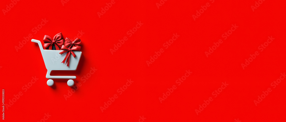 Fototapeta premium A charming white shopping cart filled with red gift boxes and bows on a vibrant red background.
