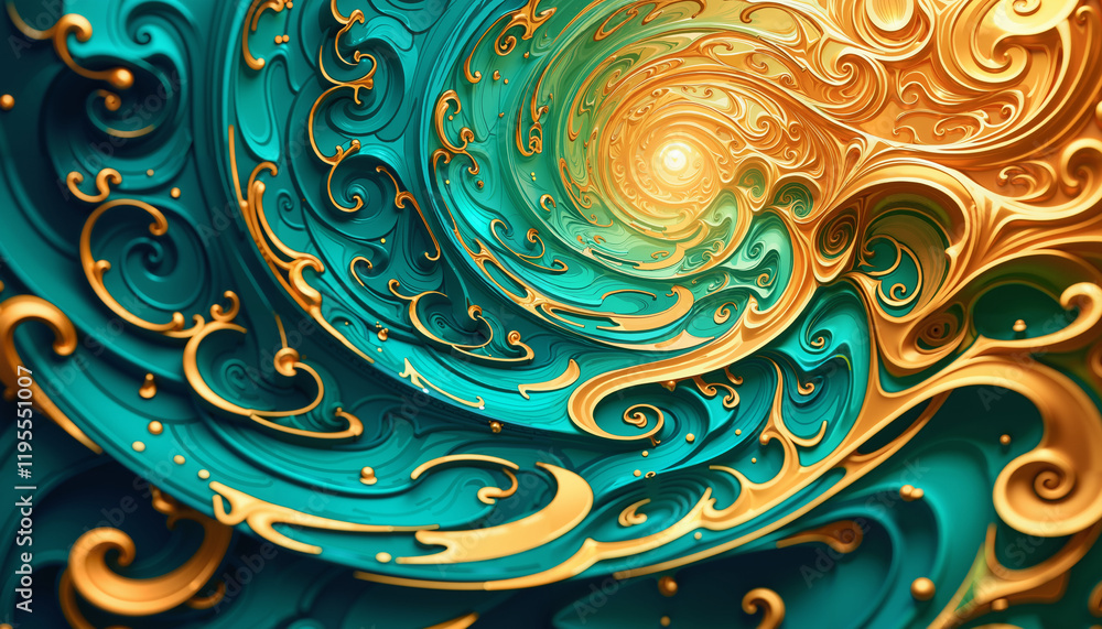 Abstract Swirling Teal and Gold Fractal Art Intricate Design 3D Render Digital Painting Abstract Swirling Teal and Gold Fractal Art Intricate Design 3D Render Digital Painting