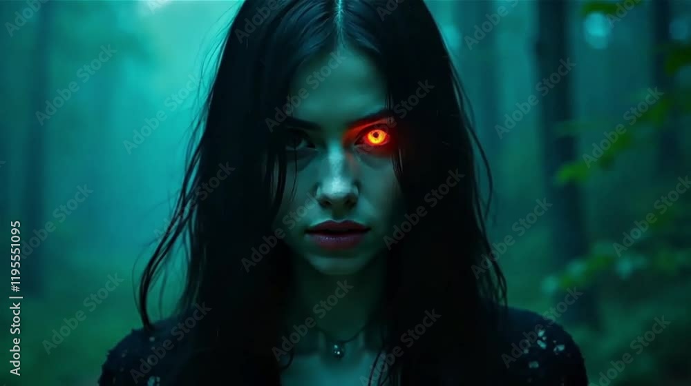 A woman with glowing red eyes stands in a misty forest surrounded by tall trees, creating a mysterious and supernatural atmosphere. A woman with glowing red eyes stands in a misty forest surrounded by tall trees, creating a mysterious and supernatural atmosphere.