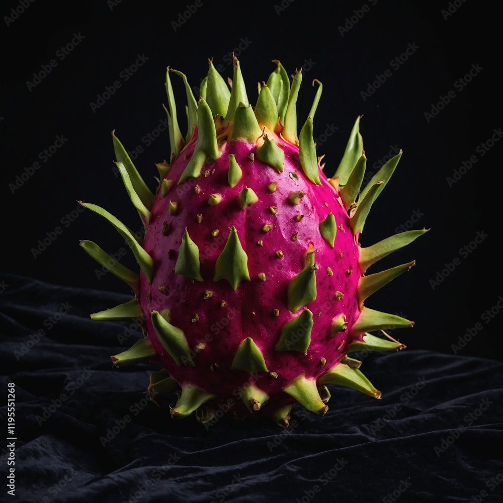 A single dragon fruit with its vibrant colors against a black velvet backdrop. A single dragon fruit with its vibrant colors against a black velvet backdrop.