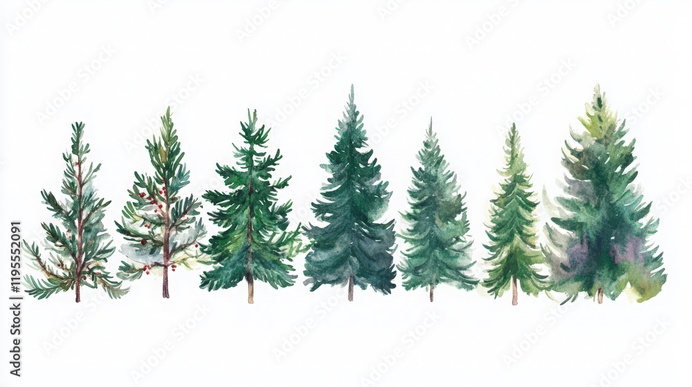 Watercolor illustration of seven evergreen trees of varying sizes and shapes Watercolor illustration of seven evergreen trees of varying sizes and shapes