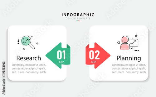 Business infographic template. 2 Step timeline journey. Process diagram, 2 options on white background, Infograph elements vector illustration.
