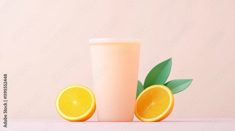 Fototapeta premium A refreshing orange drink is showcased beside sliced oranges and green leaves, set against a soft, pastel background.