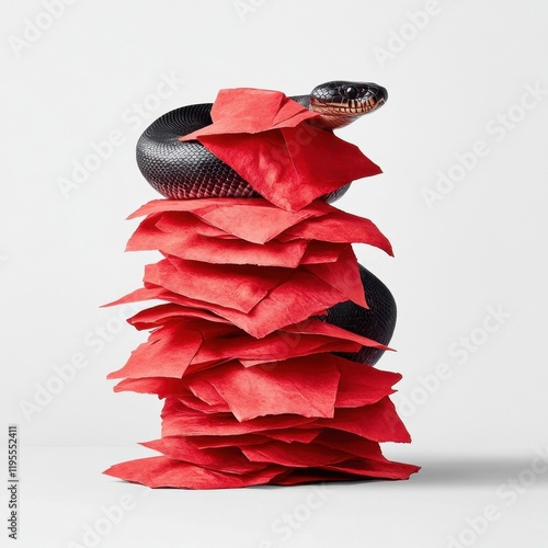 A snake coiled atop a stack of red paper sheets. photo