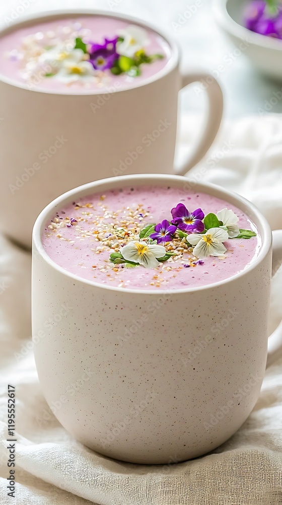 vegan smoothies in pastel color, Pastel Ceramic Vegan Smoothies with Floral Garnish vegan smoothies in pastel color, Pastel Ceramic Vegan Smoothies with Floral Garnish
