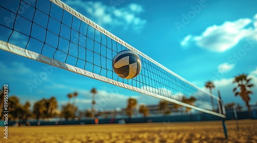 Volleyball in net, beach court.