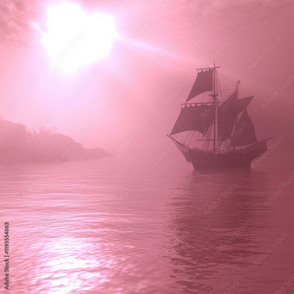 Fototapeta premium Mysterious ship sailing through a foggy, pink-hued seascape.