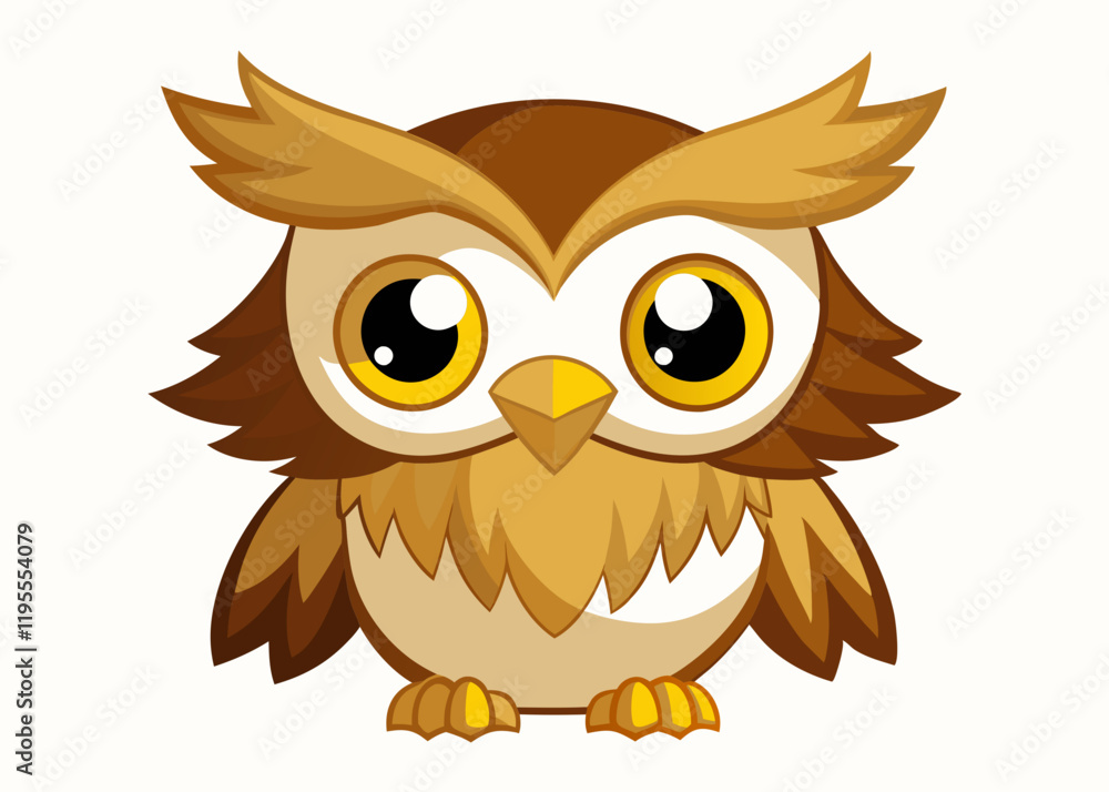 Fototapeta premium Cute Cartoon Owl with Big Yellow Eyes and Adorable Expression in Kawaii Style