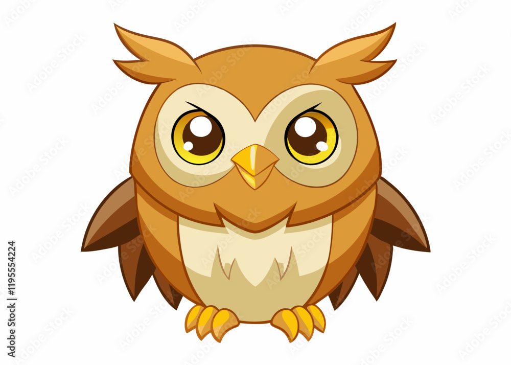 Fototapeta premium Cute Cartoon Owl with Big Yellow Eyes and Adorable Expression in Kawaii Style
