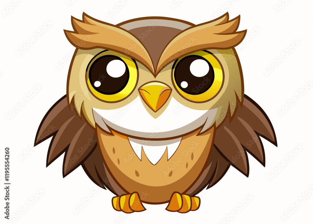 Naklejka premium Cute Cartoon Owl with Big Yellow Eyes and Adorable Expression in Kawaii Style