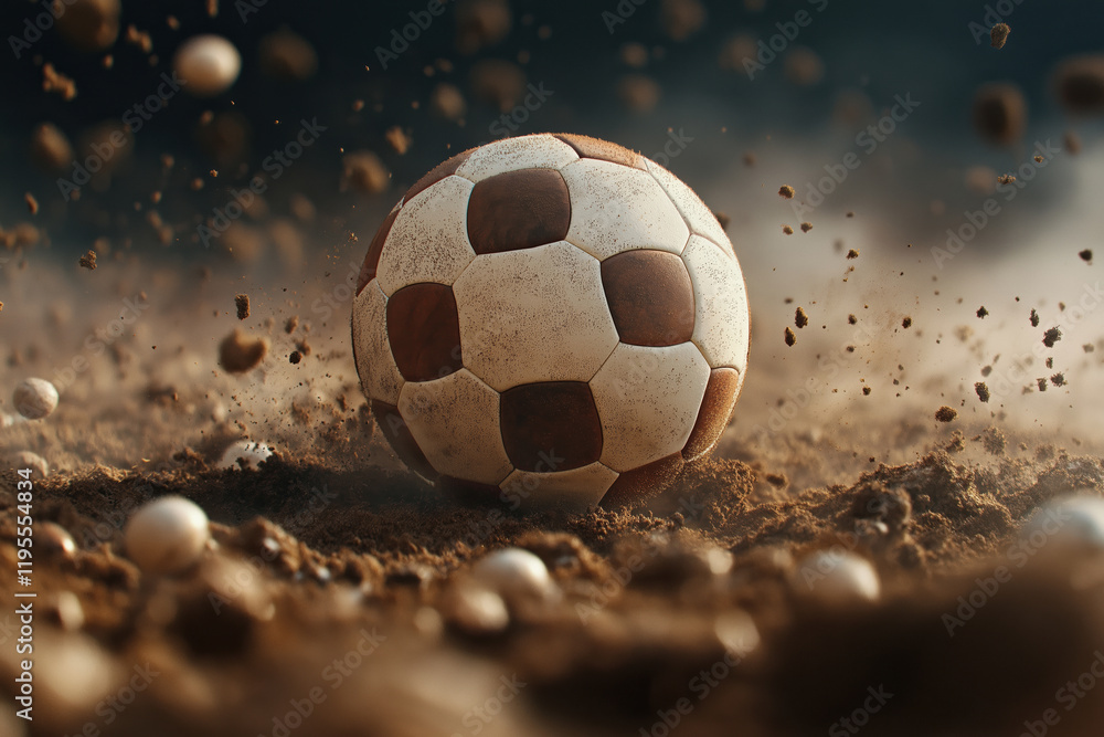 Naklejka premium Soccer ball rolling on dusty field during an intense match in late afternoon light