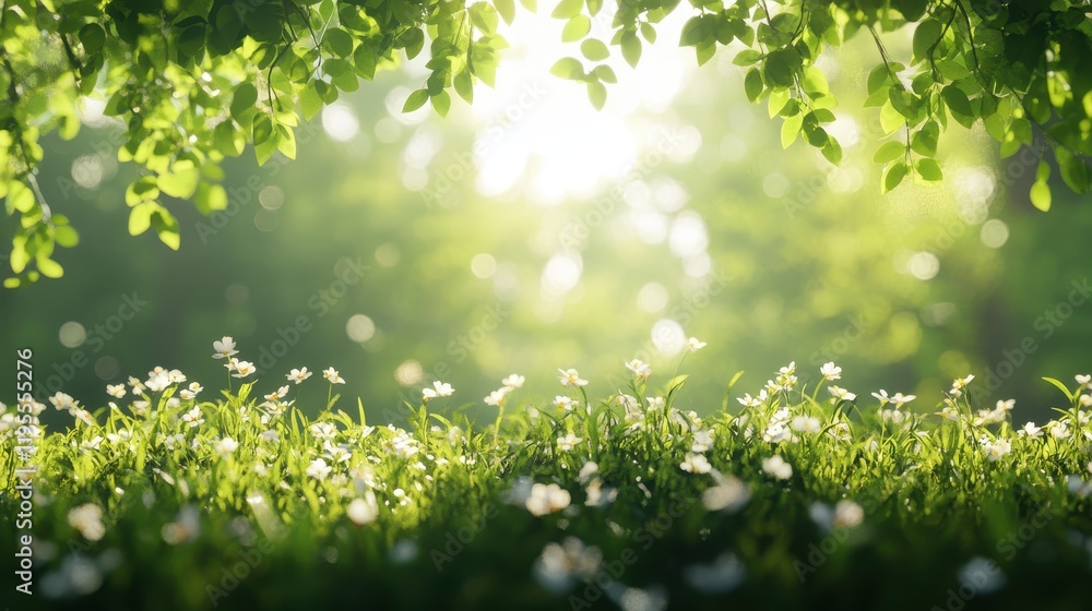 Peaceful summer meadow with sunlit flowers and lush green foliage Peaceful summer meadow with sunlit flowers and lush green foliage