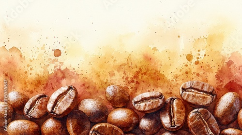Watercolor painting of coffee beans with a coffee-colored background.