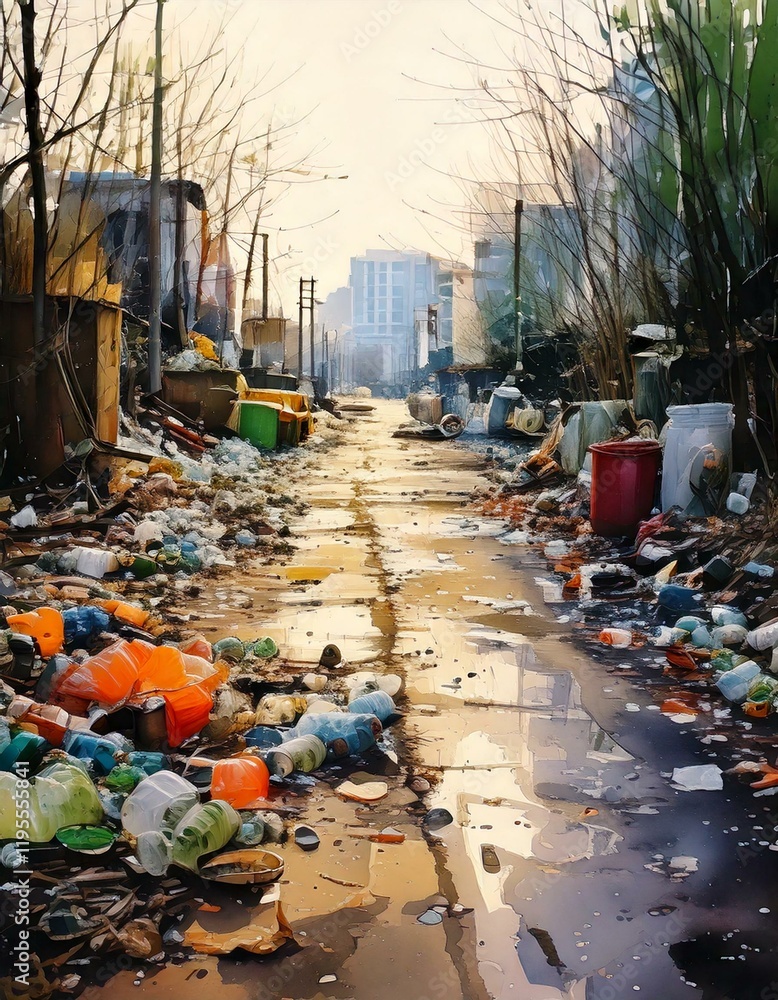 Fototapeta premium A polluted alleyway in an urban area, littered with plastic bottles, garbage bags, and debris. Empty buildings and barren trees line the street.