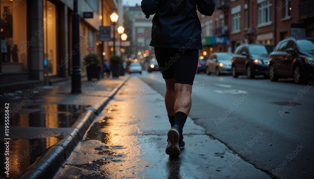 Jogger on a wet urban street during a puddle run at sunrise