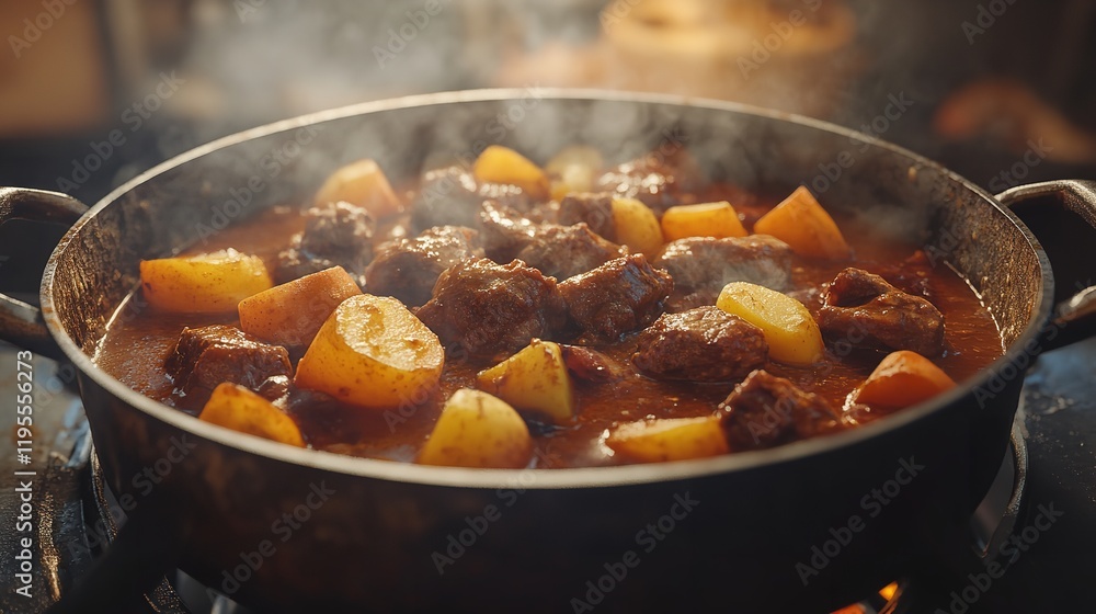 Steaming hot beef stew simmering with potatoes Steaming hot beef stew simmering with potatoes