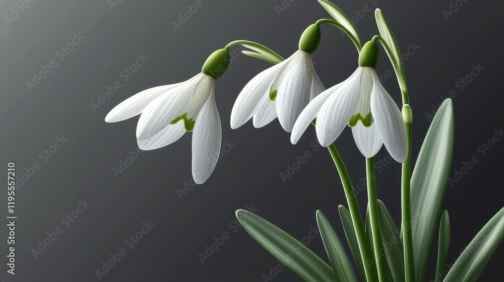 Fototapeta premium Elegant white snowdrop flowers on dark background with green leaves