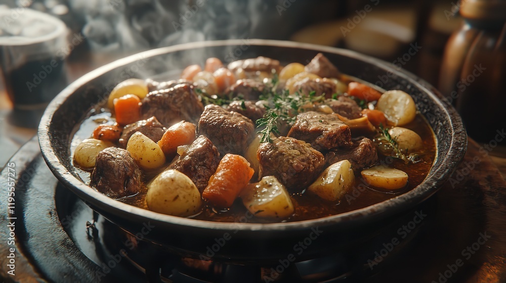 Steaming hot beef stew simmering with potatoes Steaming hot beef stew simmering with potatoes