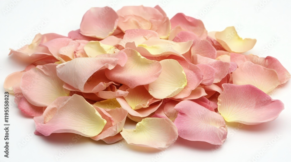 Fototapeta premium A pile of soft pink rose petals resting on a clean white background with soft lighting