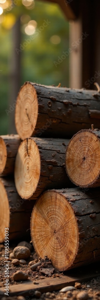 Naklejka premium A stack of freshly cut tree logs rests on the ground near a wooded area, bathed in the warm glow of the setting sun