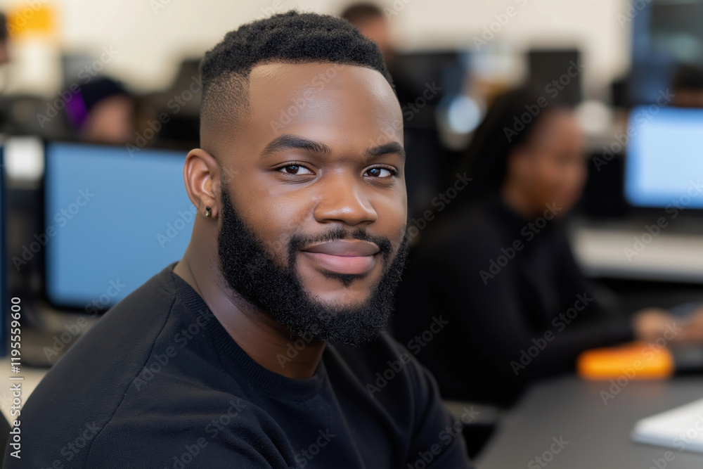 Young man with beard smiling at computer lab during study session in a classroom Young man with beard smiling at computer lab during study session in a classroom
