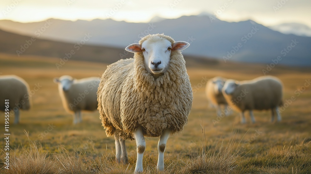 close up sheep with thick wool coats, grazing peacefully on a sunlit meadow close up sheep with thick wool coats, grazing peacefully on a sunlit meadow