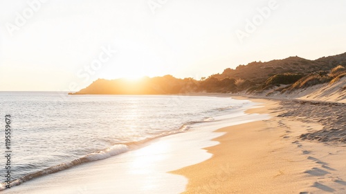 Serene Sunset Beach Landscape: Golden Hour Coastal Scene