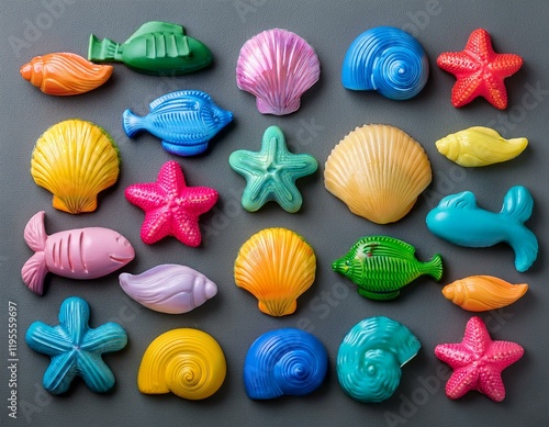 colorful plastic sea animals and shells arranged on a gray background