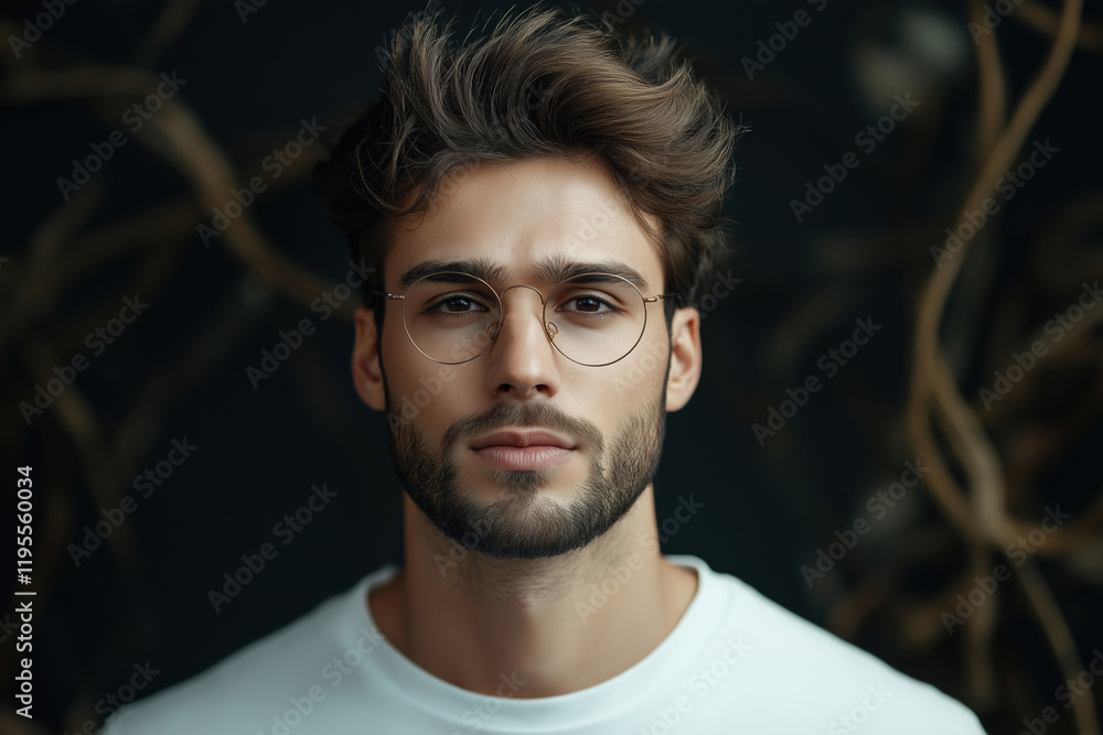 Fototapeta premium Young man with stylish glasses poses thoughtfully against a dark background