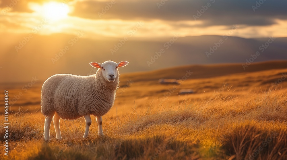 Obraz premium close up sheep with thick wool coats, grazing peacefully on a sunlit meadow