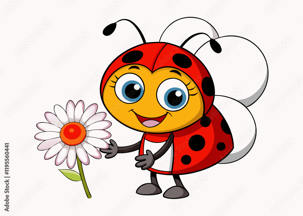 Obraz premium Cartoon Anthropomorphic Ladybug Holding Daisy Flower with Cheerful Expression