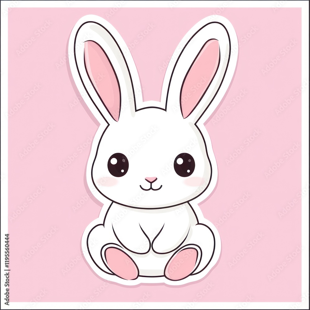 Cute white bunny sticker on pink background, springtime design, children's illustration Cute white bunny sticker on pink background, springtime design, children's illustration