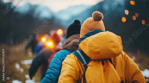 Exploring nature together, friends hiking in warm jackets and hats