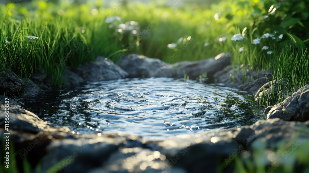 Tranquil water ripples in sunlit rock garden with lush greenery Tranquil water ripples in sunlit rock garden with lush greenery