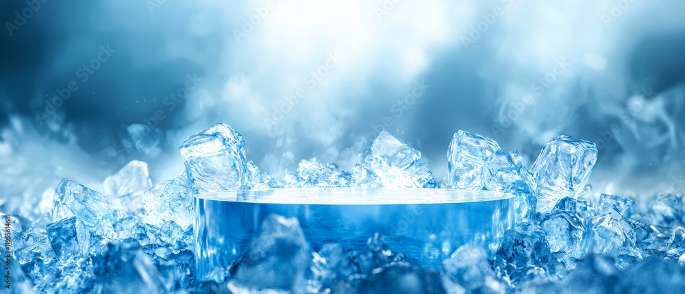 Crystal-clear ice podium surrounded by sparkling ice cubes in a frosty, blue-toned atmosphere. Perfect for winter,luxury, freshness, cold-themed designs, advertising, and branding visuals.Generative Crystal-clear ice podium surrounded by sparkling ice cubes in a frosty, blue-toned atmosphere. Perfect for winter,luxury, freshness, cold-themed designs, advertising, and branding visuals.Generative