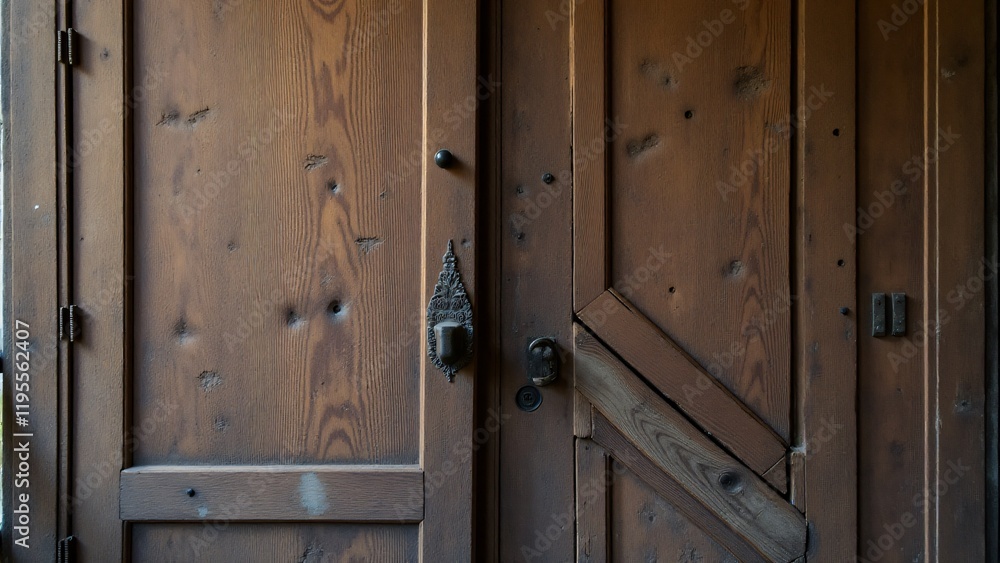 Obraz premium Old wooden door with scratches, dents, warped sections, and worn finish showing signs of aging and wear. 