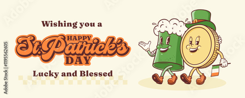 Saint Patrick Day Groovy Beer Tankard and Coin Retro Characters Banner. Cartoon green Ale Mugs Walking and Smiling. Vector Irish Spring Holiday Mascot Template. Happy Vintage Illustration. Isolated