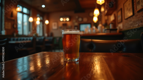 pub setting with cold beer and warm ambient lighting photo