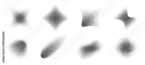 Spray Dot Grain Stippled Dotted Noise Elements Collection. Dirty Dust Sand Splattered Vector. Grunge Sprinkle Dotwork Texture Gradient Stain Shapes. Splash of Black Dots y2k Design Spots Collection