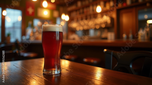 pub setting with cold beer and warm ambient lighting photo