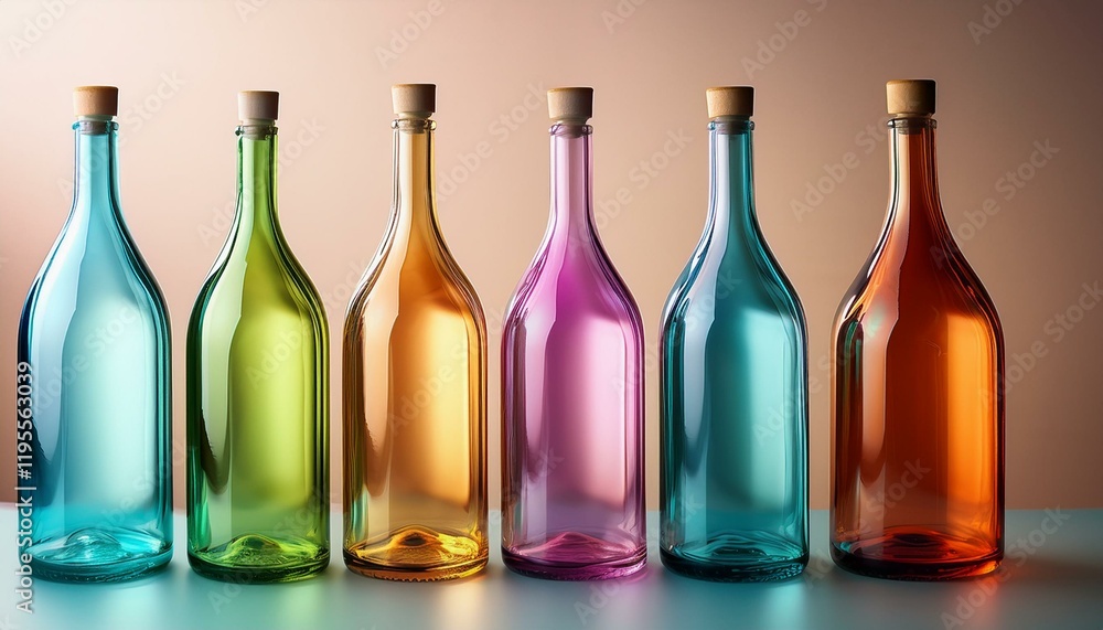 colorful transparent bottles with pointed tips arranged on a pastel background colorful transparent bottles with pointed tips arranged on a pastel background