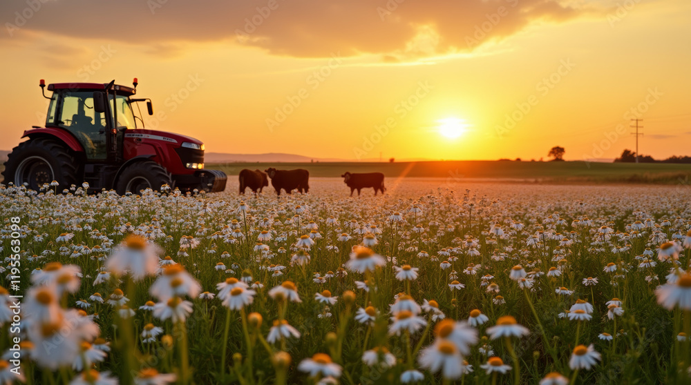 Daisy field at sunset with red tractor and grazing cattle Daisy field at sunset with red tractor and grazing cattle