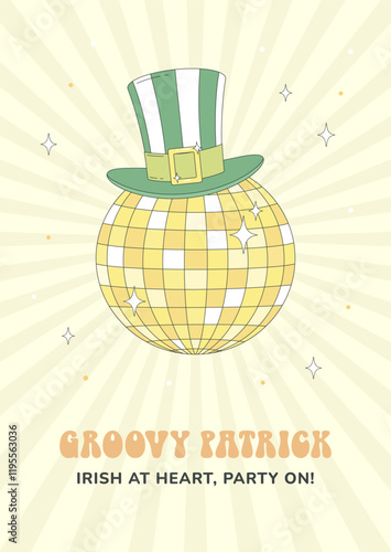 Green leprechaun hat on a sparkling mirror disco ball. St. Patrick's Day greeting card, poster, party invitation. Retro 70s 80s style.