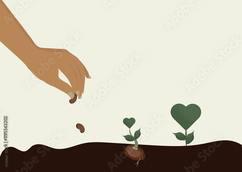 Growing Love Seeds Sustainable Heart Plants Illustration. hand planting seeds that grow into heart-shaped plants, symbolizing nurturing sustainable love and valentines day. Vector illustration