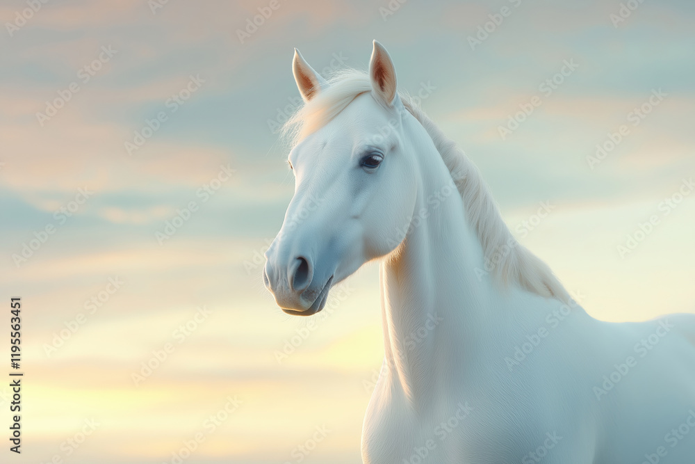 Obraz premium Majestic white horse standing elegantly against a colorful sunset backdrop