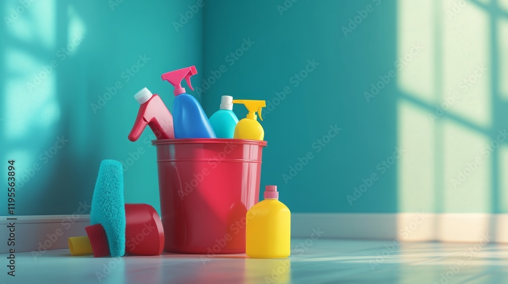 Antibacterial and cleaning products in a bucket, placed in a room. Antibacterial and cleaning products in a bucket, placed in a room.