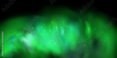 Realistic texture of fantastic smoke background. Green fog with glitter and shimmering glowing particles. Starry neon magic dust.