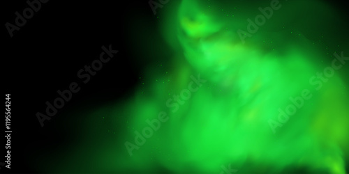Realistic texture of fantastic smoke background. Green fog with glitter and shimmering glowing particles. Starry neon magic dust.