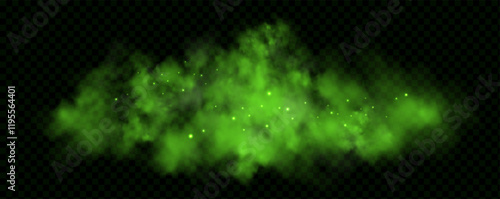 Realistic texture of fantastic smoke background. Green fog with glitter and shimmering glowing particles. Starry neon magic dust.