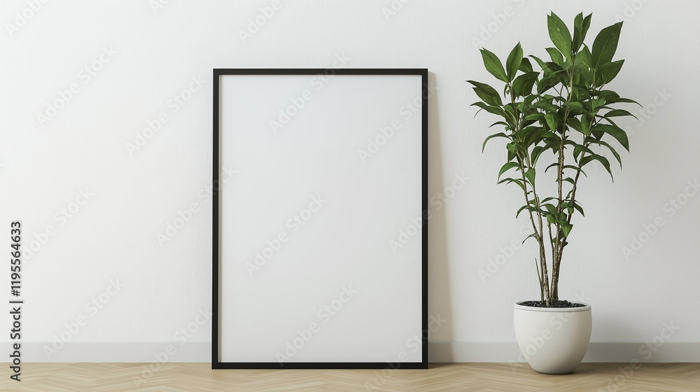 minimalistic poster frame mockup, leaning against a white wall, with a wooden floor minimalistic poster frame mockup, leaning against a white wall, with a wooden floor
